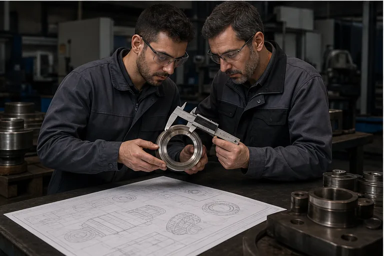 Equipo técnico revisando una pieza industrial antes del tratamiento