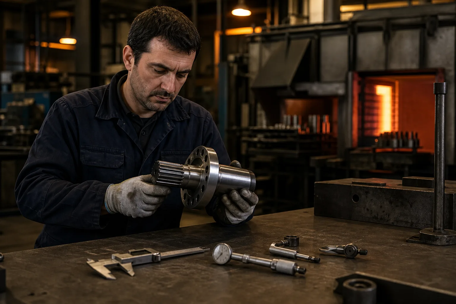Técnico inspeccionando una pieza mecanizada en taller