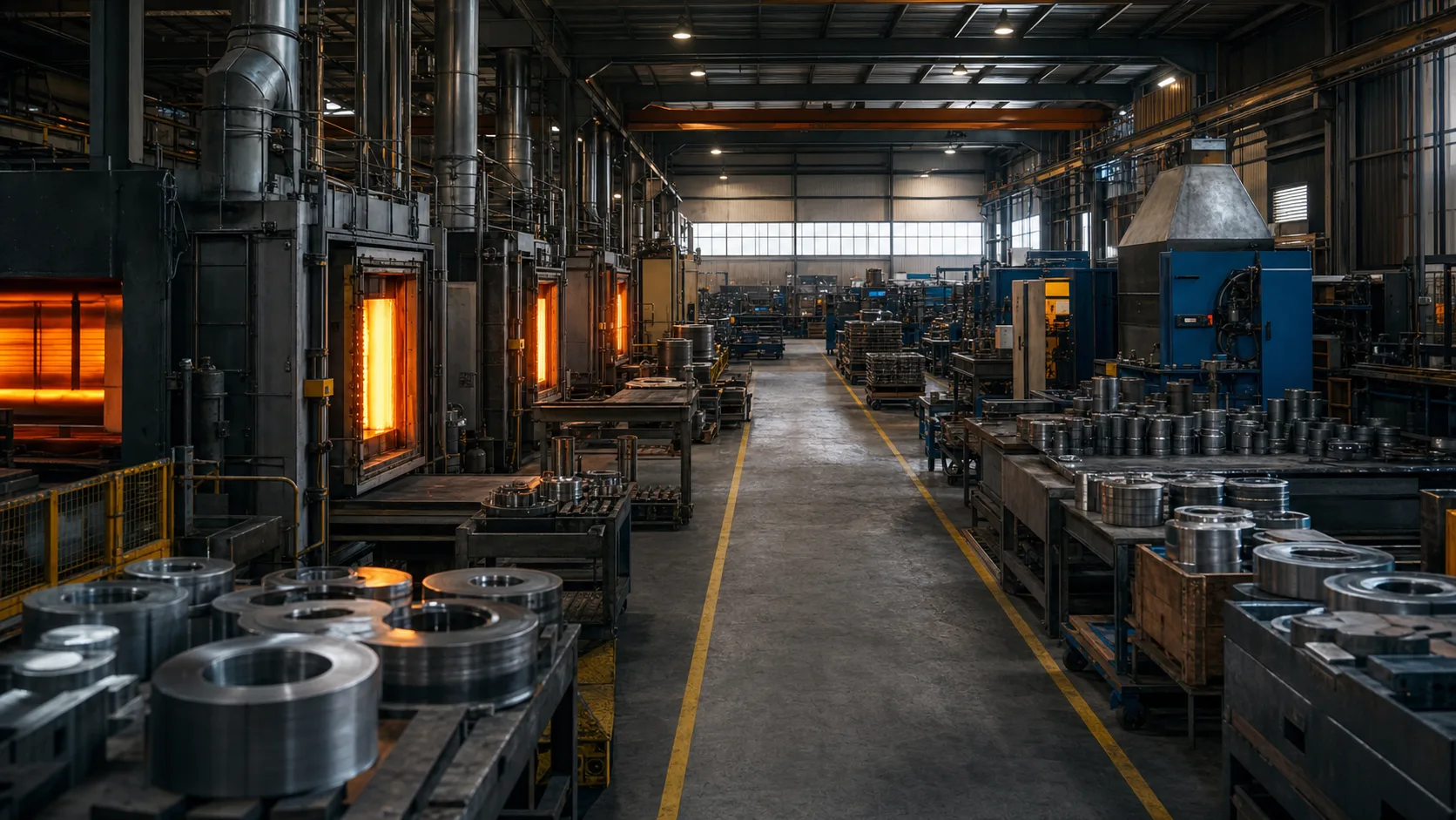 Nave industrial con hornos y piezas preparadas para tratamiento térmico