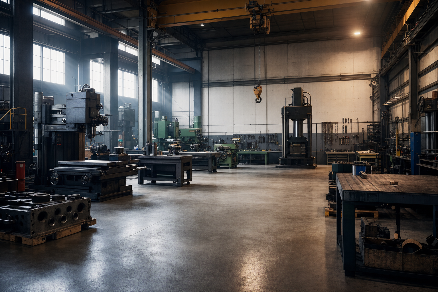 Entorno industrial de taller mecánico con componentes metálicos de precisión